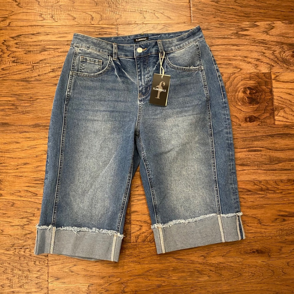 Flamingals Bermuda Shorts Women Large Blue Denim Cuffed Raw Hem 98489